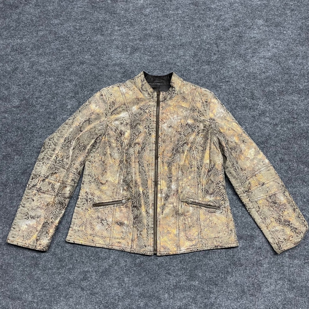 Chico's Leather Jacket Womens Size 2 Large Brown‎ Snakeskin Gold Reversible Moto